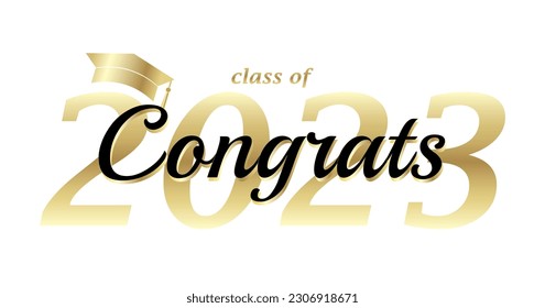 Congratulations graduates class of 2023, black text, gold, graduation cap, isolated white background, banner, graduation card