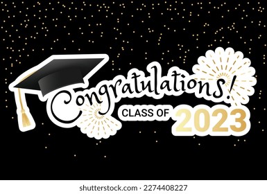 Congratulations graduates class of 2023 typography design. Graduation ceremony design template for greeting card, banner, badge, invitation, print etc. Black and gold minimalist grad ceremony design