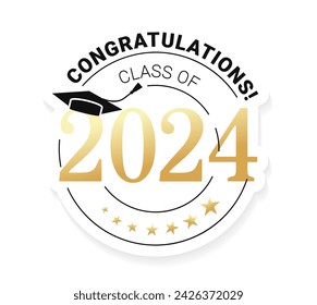 Congratulations graduates class of 2024 with an academic cap in a minimalist black and gold design. Graduation ceremony design template for banner, badge, invitation, print, etc. Vector illustration.