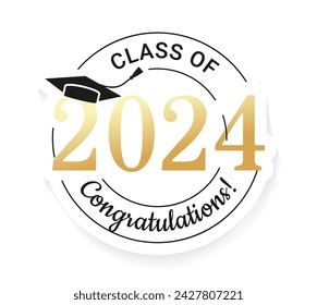 Congratulations graduates class of 2024 with an academic cap in a minimalist black and gold design. Graduation ceremony design template for banner, badge, invitation, print, etc. Vector illustration.