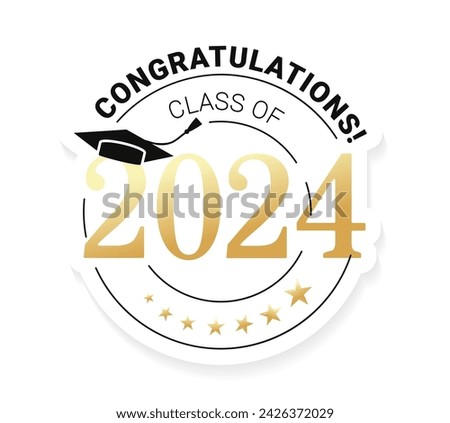 Congratulations graduates class of 2024 with an academic cap in a minimalist black and gold design. Graduation ceremony design template for banner, badge, invitation, print, etc. Vector illustration.