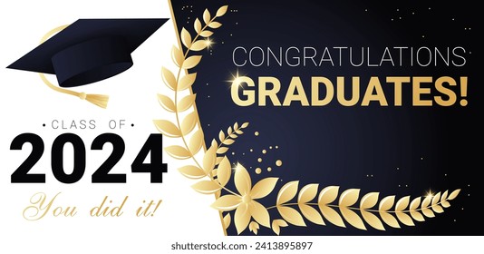 Enhorabuena a los graduados de la clase 2024. Plantilla de diseño para la ceremonia de graduación. Ilustración vectorial de plantilla de concepto de Grad. Felicitaciones a los graduados diseño de estilo plano para invitación, tarjeta de saludo