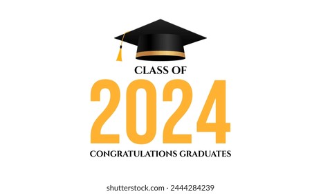 Congratulations graduates, Class of 2024. Graduation greeting banner design with academic cap. Vector illustration