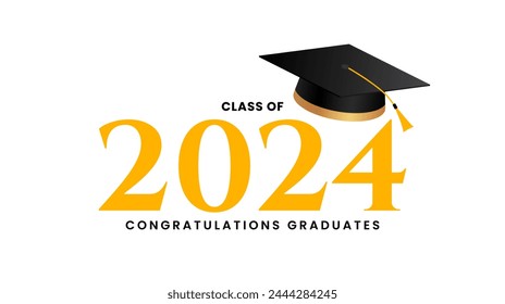 Congratulations graduates, Class of 2024. Graduation greeting banner design with academic cap. Vector illustration
