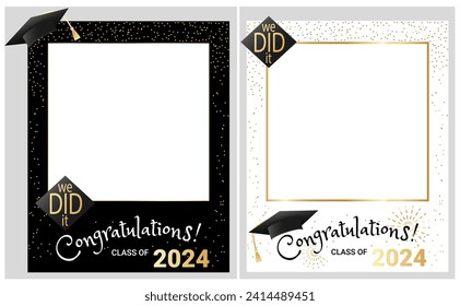 Felicitaciones a los graduados de la clase de accesorios de cabina de fotos 2024. Plantilla de diseño de fotograma de graduación para selfie, impresión, fiesta, invitación, etc. Ilustración vectorial de estilo plano para la ceremonia de graduación.