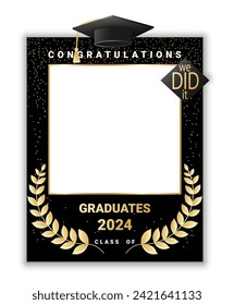 Congratulations graduates class of 2024 photo booth prop. Graduation photo frame design template for selfie , print, party, invitation. Black and gold Flat style vector illustration for grad ceremony.