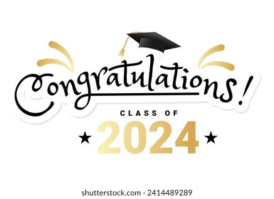 Congratulations graduates class of 2024 typography design. Graduation ceremony vector illustration with academic cap, stars and fireworks. Flat style grad ceremony design for banner, greeting card etc