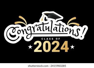 Congratulations graduates class of 2024 typography design. Graduation ceremony vector illustration with academic cap, stars and fireworks. Flat style grad ceremony design for banner, greeting card etc