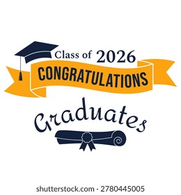 Congratulations graduates class 2026 banner design template with graduation cap and scroll