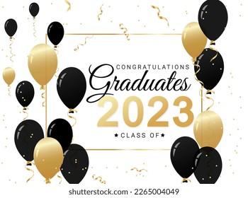 Felicidades a los graduados de diseño plantilla con globos dorados y negros y confeti. Clase de ilustración vectorial minimalista de 2023 para ceremonia de graduación, banner, insignia, tarjeta de saludo, fiesta.