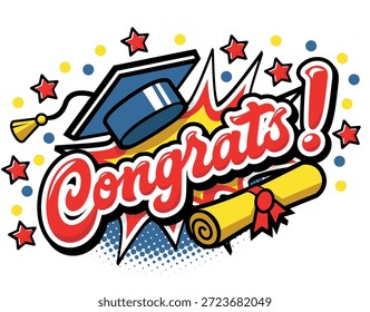 Felicitaciones graduados Plantilla editable para saludo, tarjeta de invitación. Plantilla de diseño divertido con tapa de graduación, rollo de diploma y letras. Vector sobre fondo transparente