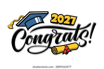 Congratulations graduates editable template for greeting, invitation card. Class of 2027 trendy design template with graduation cap, diploma scroll and lettering. Vector on transparent background