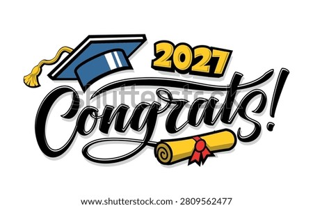Congratulations graduates editable template for greeting, invitation card. Class of 2027 trendy design template with graduation cap, diploma scroll and lettering. Vector on transparent background