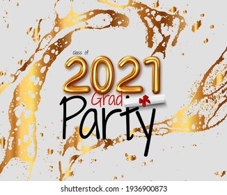 Congratulations to the graduates of the graduating class of 2021. Vector lettering illustration with golden letters. Design lettering for greeting, invitation card, banner, congratulation event, party