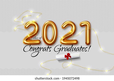 Congratulations to the graduates of the graduating class of 2021. Vector lettering illustration with golden letters. Design lettering for greeting, invitation card, banner, congratulation event, party