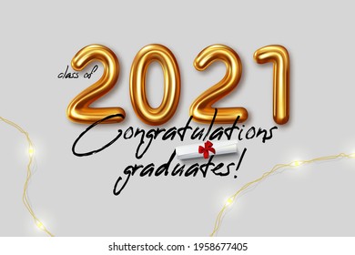 Congratulations to the graduates of the graduating class of 2021. Vector lettering illustration with golden letters. Design lettering for greeting, invitation card, banner, congratulation event, party