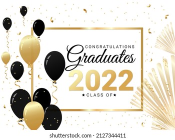 Congratulations graduates greeting card. Class of 2022 graduation design template with black, gold balloons and confetti. Typography design for grad ceremony, banner, poster etc. Vector illustration.