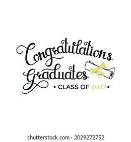 Congratulations graduates greeting card with lettering and diploma scroll isolated on white background. Class of 2022 graduation high school, college or university celebration. Vector illustration