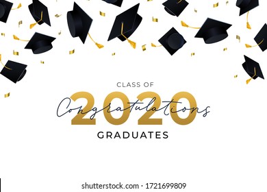 Congratulations graduates hats flying in air vector illustration. Class of 2020 flat style. Golden numbers. Finished education concept. Isolated on white background