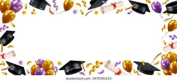 Congratulations Graduates. Horizontal festive frame with 3d realistic graduation caps with golden tassels, festive glossy balloons, rolled diplomas with red ribbons, and confetti. Vector illustration