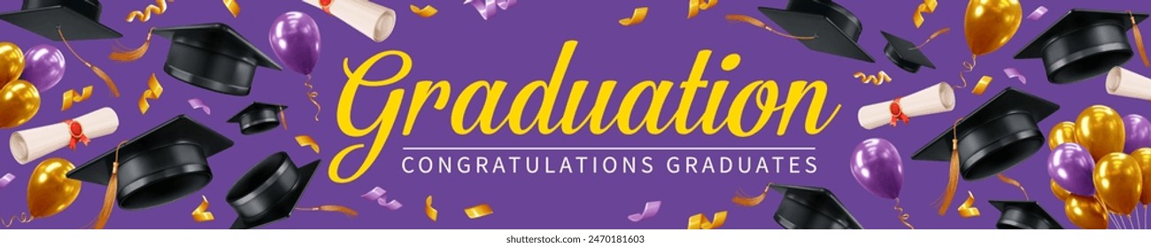 Felicitaciones Graduados. Horizontal Plantilla de Anuncio largo con gorras de graduación, globos festivos y diplomas enrollados sobre el fondo púrpura, que simboliza la sabiduría. Ilustración vectorial