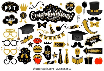 Congratulations Graduates photo booth prop set. Premium vector cap, hat, lips, eyeglasses, degree and many other. Graduation party photo booth. Let the adventure begin. svg