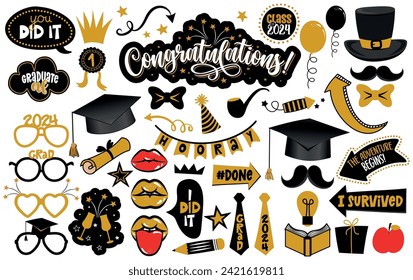 Felicitaciones Graduates photo stand prop set. Capa portadora premium, sombrero, labios, anteojos, grado y muchos otros. Fotos de la fiesta de graduación. Que comience la aventura.