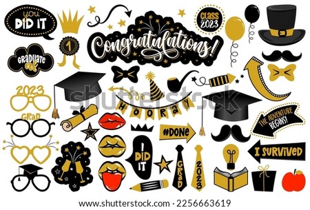 Congratulations Graduates photo booth prop set. Premium vector cap, hat, lips, eyeglasses, degree and many other. Graduation party photo booth. Let the adventure begin. Foto d'archivio © 