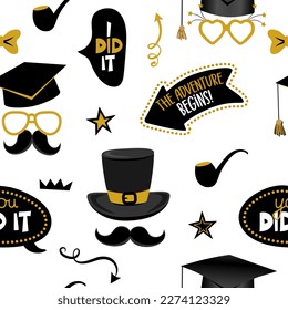Congratulations graduates - Seamless pattern, vector backdrop of tossing graduation caps, books and diplomas pattern. Goos for wallpapers, wrapping papers, backgrounds.