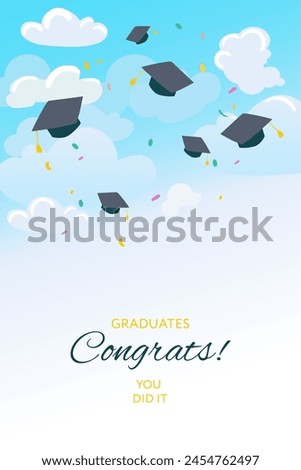 Congratulations to the graduates. Throwing ceremony graduation caps in the air. Confetti and ribbons fly around them, symbolizing joy and celebration, vector illustration