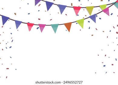 Congratulations graduates vector background. Congrats illustration with flag garland, confetti, ribbon, serpentine on a white Background. Graduation design in fun flat modern style for celebrate grad.