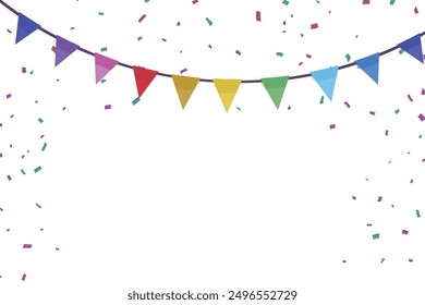 Congratulations graduates vector background. Congrats illustration with flag garland, confetti, ribbon, serpentine on a white Background. Graduation design in fun flat modern style for celebrate grad.