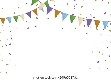 Congratulations graduates vector background. Congrats illustration with flag garland, confetti, ribbon, serpentine on a white Background. Graduation design in fun flat modern style for celebrate grad.