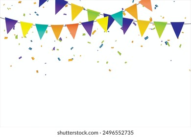 Congratulations graduates vector background. Congrats illustration with flag garland, confetti, ribbon, serpentine on a white Background. Graduation design in fun flat modern style for celebrate grad.