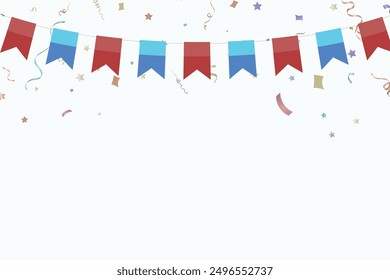 Congratulations graduates vector background. Congrats illustration with flag garland, confetti, ribbon, serpentine on a white Background. Graduation design in fun flat modern style for celebrate grad.