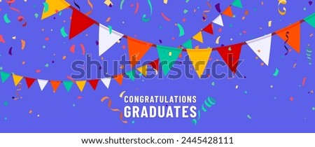 Congratulations graduates vector background. Congrats illustration with flag garland, confetti, ribbon, serpentine on blue sky. Graduation design in fun flat modern style for celebrate grad.