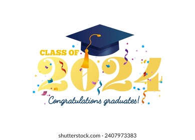 Congratulations graduates vector illustration. Class of 2024 trendy design template with graduation cap and colorful confetti isolated on white background. Grad ceremony typography concept.