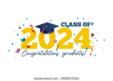 Congratulations graduates vector illustration. Class of 2024 trendy design template with graduation cap and colorful confetti isolated on white background. Grad ceremony typography concept.