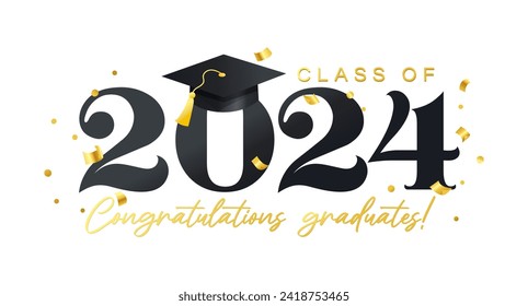 Congratulations graduates vector illustration. Class of 2024 elegant design template with graduation cap and confetti isolated on white background. Elegant Grad ceremony typography concept with hat..