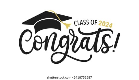 Congratulations graduates vector illustration. Class of 2024 trendy design template with graduation cap and lettering isolated on white background. Grad ceremony hand drawn typography concept.