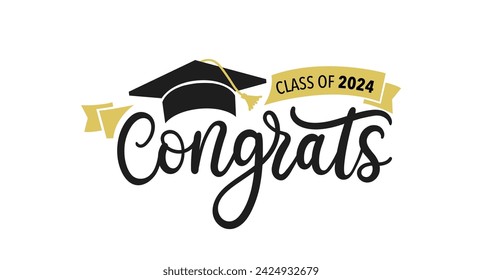 Congratulations graduates vector illustration. Class of 2024 trendy design template with graduation cap and lettering isolated on white background. Grad ceremony hand drawn typography concept.