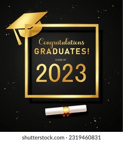 Congratulations graduates vector template. Class 2023 graduates congratulation text in black and yellow frame space for typography. Vector illustration for graduation greeting background.