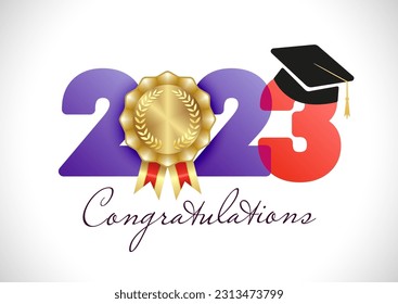 Congratulations for graduating class off 2023. Creative prom banner. Typographic logo design. Educational awards icon. Isolated title of 20 23 school year. Golden badge, certificate or diploma element