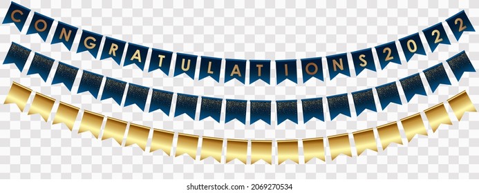 Congratulations to graduation 2022. Graduation class. Garland of flags with congratulations. Realistic vector