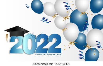 Congratulations graduation. Class of 2022. Graduation cap and confetti and balloons. Congratulatory banner. Academy of Education School of Learning.