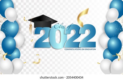 Congratulations graduation. Class of 2022. Graduation cap and confetti and balloons. Congratulatory banner. Academy of Education School of Learning.