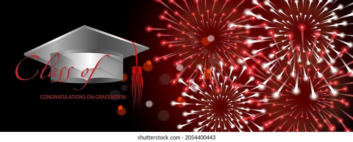 Congratulations graduation. Class of 2022. Graduation cap and confetti and balloons. Congratulatory banner. Academy of Education School of Learning.