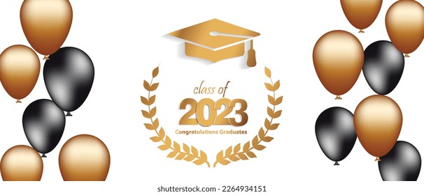 Congratulations graduation. Class of 2023. Graduation cap and confetti and balloons. Congratulatory banner in blue. Academy of Education School of Learning
