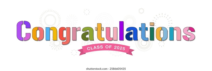 Congratulations graduation, colorful text banner design with ribbon banner and fireworks on white background. Vector illustration.
