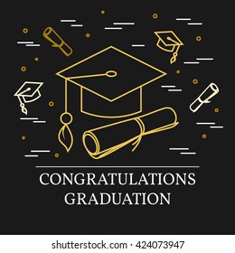 Congratulations graduation greeting card . For web design and application interface, also useful for infographics. Vector illustration. Thin line icon